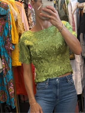 Vintage Textured Popcorn Stretch Top | Sage Green Crinkle Blouse | One Size